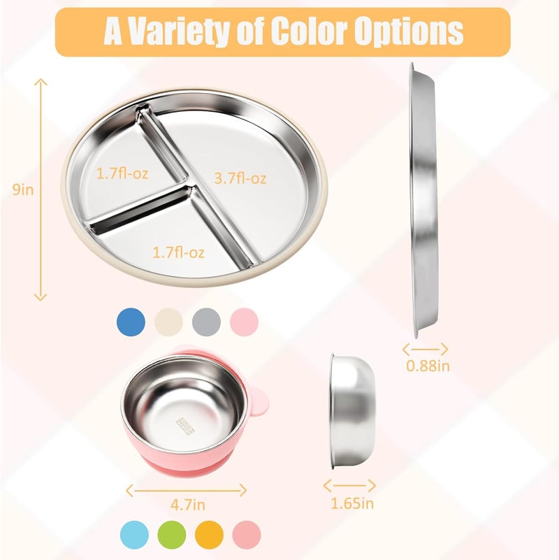 mislili Stainless Steel Baby Plate and Bowls with Suction, Divided Kids Baby Plate and Toddler Bowl with Removable Silicone Suction, Non-Slip Baby Feeding Set Dishwasher Safe，4 Packs - Image 2
